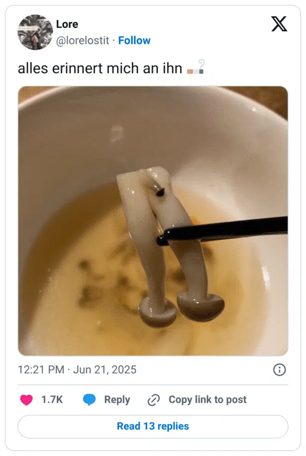 Tweet von @lorelostit mit dem Text: „alles erinnert mich an ihn 🧍‍♂️🚬“. Auf dem Bild ist ein Pilz in einer Suppe zu sehen, der mit Essstäbchen gehalten wird. Der Pilz sieht aus wie ein Paar menschlicher Beine mit Po, was den humorvollen und leicht sehnsüchtigen Ton des Tweets unterstreicht.

