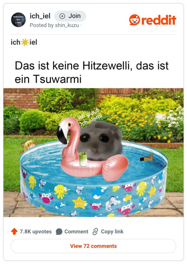 Ein Meme aus der Reddit-Community „ich_iel“. Zu sehen ist ein aufwendig bearbeitetes Bild eines Planschbeckens mit buntem Meerestier-Design im Garten. Darin sitzt ein riesiger, überhitzter Tier-Meme-Kopf („Ich glaub, ich sterbi“) auf einer pinken Flamingo-Luftmatratze, daneben ein Cartoon-Drink. Text darüber: „Das ist keine Hitzewelli, das ist ein Tsuwarmi“. Im Wasser treiben weitere kleine Figuren – unter anderem ein Hundekopf und ein Anime-Charakter lugt von außen über den Beckenrand.