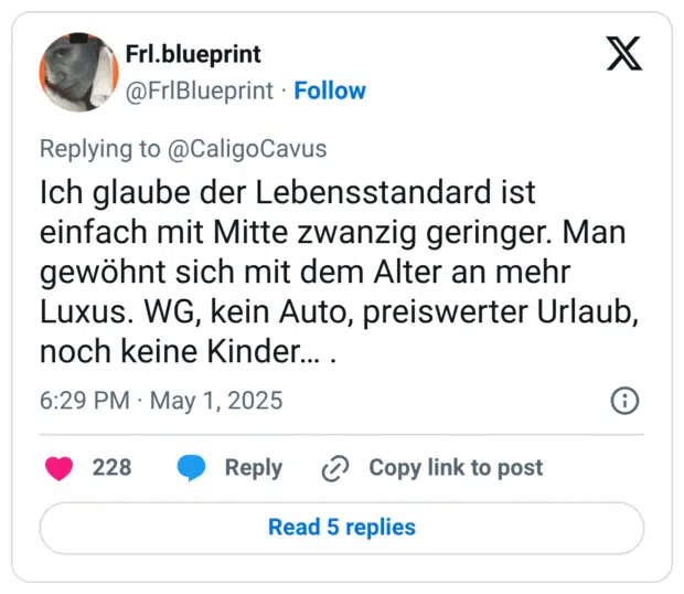 Ich glaube der Lebensstandard ist einfach mit Mitte zwanzig geringer. Man gewöhnt sich mit dem Alter an mehr Luxus. WG, kein Auto, preiswerter Urlaub, noch keine Kinder… .

