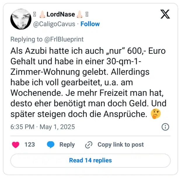 Als Azubi hatte ich auch „nur“ 600,- Euro Gehalt und habe in einer 30-qm-1-Zimmer-Wohnung gelebt. Allerdings habe ich voll gearbeitet, u.a. am Wochenende. Je mehr Freizeit man hat, desto eher benötigt man doch Geld. Und später steigen doch die Ansprüche. 🤔
