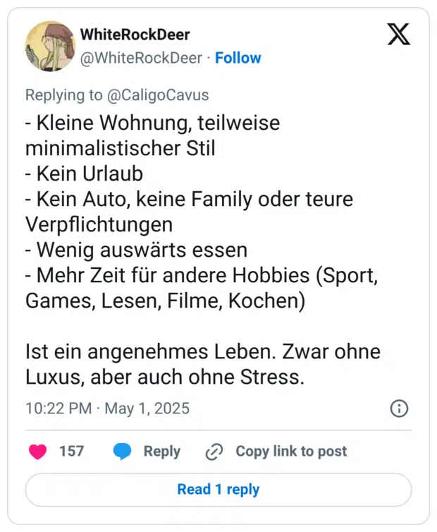 - Kleine Wohnung, teilweise minimalistischer Stil
- Kein Urlaub
- Kein Auto, keine Family oder teure Verpflichtungen
- Wenig auswärts essen
- Mehr Zeit für andere Hobbies (Sport, Games, Lesen, Filme, Kochen)

Ist ein angenehmes Leben. Zwar ohne Luxus, aber auch ohne Stress.