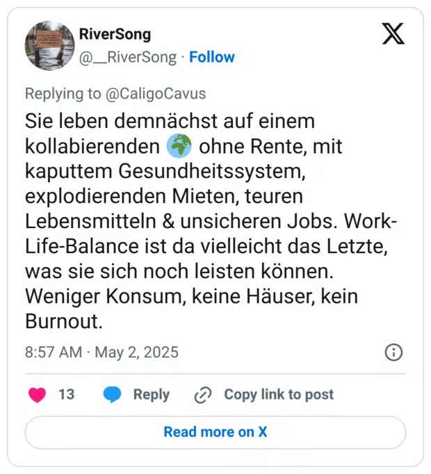Sie leben demnächst auf einem kollabierenden 🌍 ohne Rente, mit kaputtem Gesundheitssystem, explodierenden Mieten, teuren Lebensmitteln & unsicheren Jobs. Work-Life-Balance ist da vielleicht das Letzte, was sie sich noch leisten können. Weniger Konsum, keine Häuser, kein Burnout.