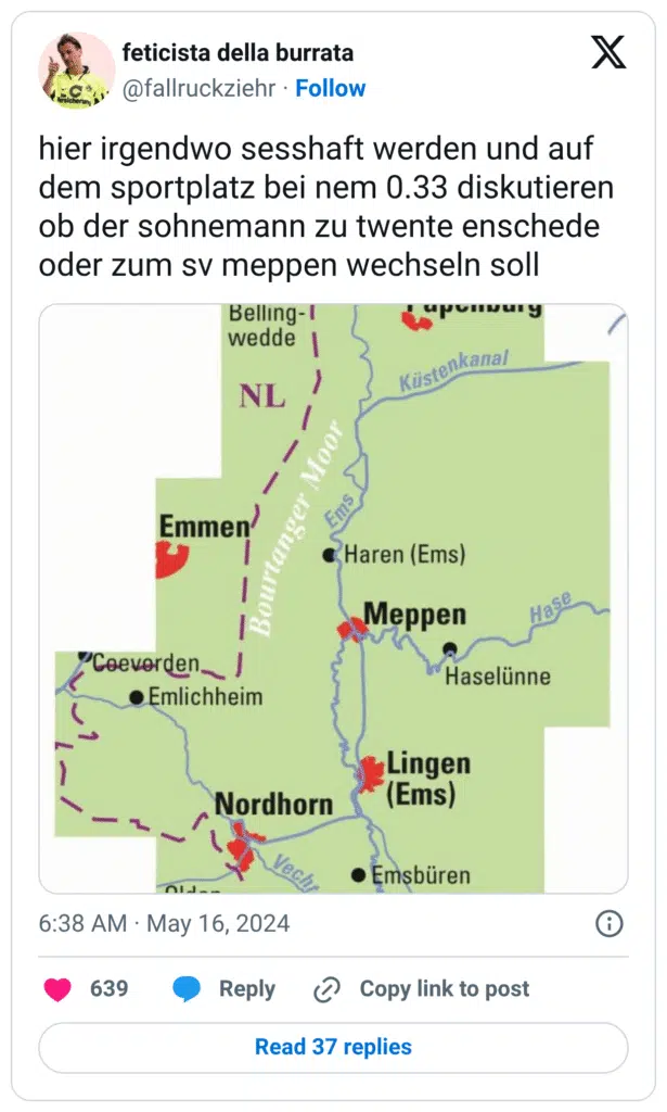 hier irgendwo sesshaft werden und auf dem sportplatz bei nem 0.33 diskutieren ob der sohnemann zu twente enschede oder zum sv meppen wechseln soll