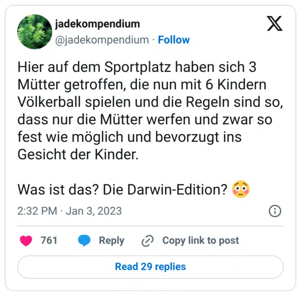 Hier auf dem Sportplatz haben sich 3 Mütter getroffen, die nun mit 6 Kindern Völkerball spielen und die Regeln sind so, dass nur die Mütter werfen und zwar so fest wie möglich und bevorzugt ins Gesicht der Kinder.
Was ist das? Die Darwin-Edition? :verlegen: