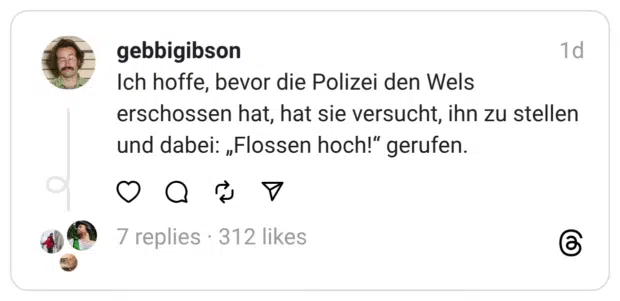 Ich hoffe, bevor die Polizei den Wels erschossen hat, hat sie versucht, ihn zu stellen und dabei: „Flossen hoch!“ gerufen.