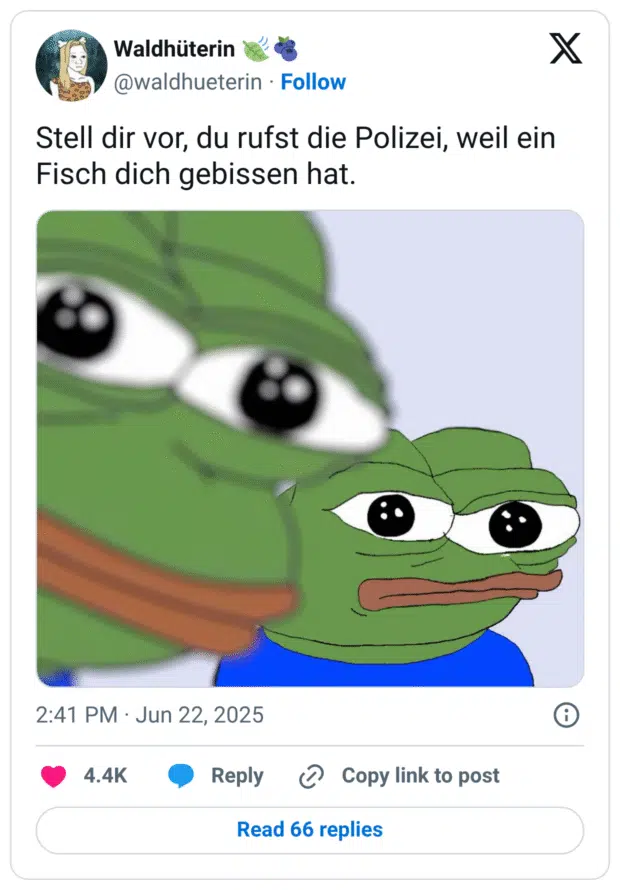 Stell dir vor, du rufst die Polizei, weil ein Fisch dich gebissen hat.