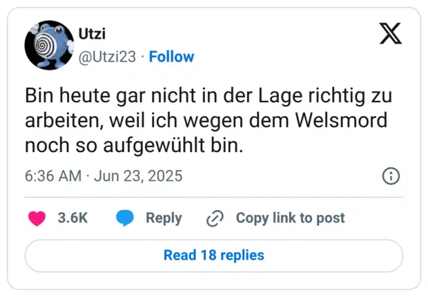 Bin heute gar nicht in der Lage richtig zu arbeiten, weil ich wegen dem Welsmord noch so aufgewühlt bin.