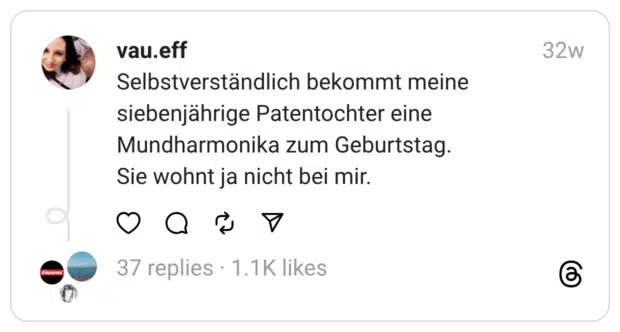 Selbstverständlich bekommt meine siebenjährige Patentochter eine Mundharmonika zum Geburtstag. Sie wohnt ja nicht bei mir.