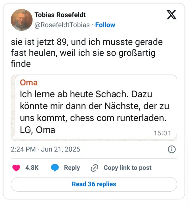 sie ist jetzt 89, und ich musste gerade fast heulen, weil ich sie so großartig finde