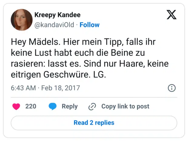 Hey Mädels. Hier mein Tipp, falls ihr keine Lust habt euch die Beine zu rasieren: lasst es. Sind nur Haare, keine eitrigen Geschwüre. LG.
