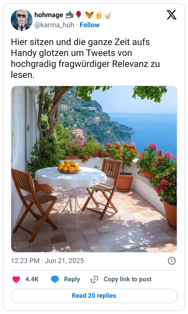 Tweet von @karma_hoh mit dem Text:
„Hier sitzen und die ganze Zeit aufs Handy glotzen um Tweets von hochgradig fragwürdiger Relevanz zu lesen.“
Darunter ein Urlaubsfoto: Eine malerische Terrasse mit Blick auf das Meer, gesäumt von blühenden Pflanzen. Auf dem Tisch steht eine Schale voller Zitronen, zwei Holzstühle laden zum Sitzen ein. Der Kontrast zwischen paradiesischer Umgebung und digitalem Eskapismus wird ironisch hervorgehoben.