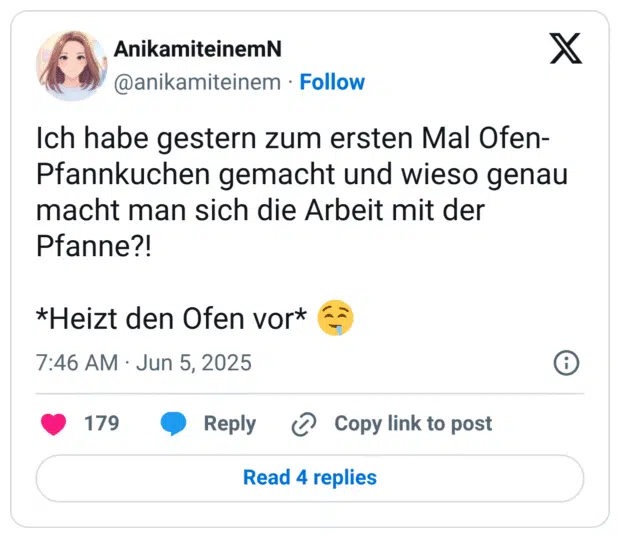 Ich habe gestern zum ersten Mal Ofen-Pfannkuchen gemacht und wieso genau macht man sich die Arbeit mit der Pfanne?! 

*Heizt den Ofen vor* 🤤