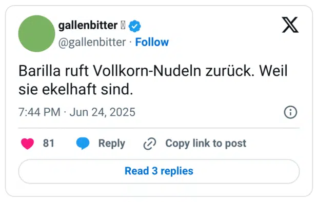 Barilla ruft Vollkorn-Nudeln zurück. Weil sie ekelhaft sind.