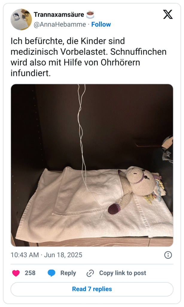 Ich befürchte, die Kinder sind medizinisch Vorbelastet. Schnuffinchen wird also mit Hilfe von Ohrhörern infundiert.