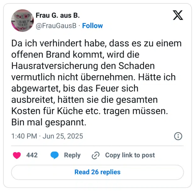 Da ich verhindert habe, dass es zu einem offenen Brand kommt, wird die Hausratversicherung den Schaden vermutlich nicht übernehmen. Hätte ich abgewartet, bis das Feuer sich ausbreitet, hätten sie die gesamten Kosten für Küche etc. tragen müssen. 
Bin mal gespannt.