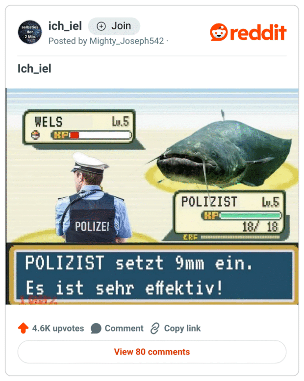 Reddit-Post im Subreddit ich_iel mit einem Meme im Stil eines Pokémon-Kampfes: Links oben „WELS Lv. 5“ mit rotem KP-Balken, rechts unten „POLIZIST Lv. 5“ mit vollem KP. Dazwischen ein echter Wels und ein deutscher Polizist von hinten in Uniform. Unten steht: „POLIZIST setzt 9mm ein. Es ist sehr effektiv!“ – eine ironische Anspielung auf überzogene Polizeigewalt, umgesetzt als absurder Pokémon-Kampf.