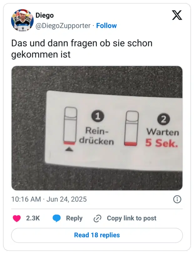 Tweet von @DiegoZupporter mit dem Text: „Das und dann fragen ob sie schon gekommen ist“. Darunter ein Foto einer Anleitung, auf der zwei Schritte abgebildet sind: (1) „Reindrücken“ mit einem Bild eines Kolbens, (2) „Warten 5 Sek.“ mit einer Abbildung eines Stabes. Der humorvolle Tweet spielt zweideutig auf sexuelle Missverständnisse an.