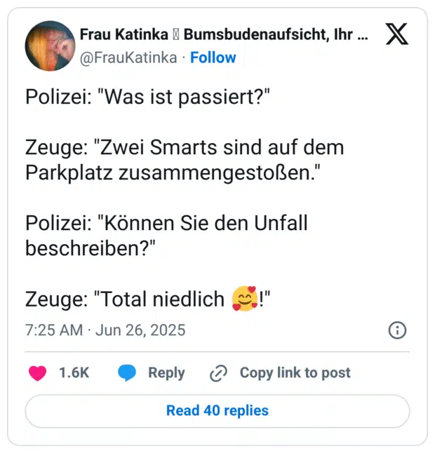 Polizei: "Was ist passiert?"

Zeuge: "Zwei Smarts sind auf dem Parkplatz zusammengestoßen."

Polizei: "Können Sie den Unfall beschreiben?"

Zeuge: "Total niedlich 🥰!"
