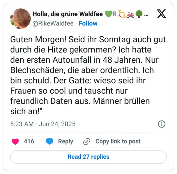 Guten Morgen! Seid ihr Sonntag auch gut durch die Hitze gekommen? Ich hatte den ersten Autounfall in 48 Jahren. Nur Blechschäden, die aber ordentlich. Ich bin schuld. Der Gatte: wieso seid ihr Frauen so cool und tauscht nur freundlich Daten aus. Männer brüllen sich an!"