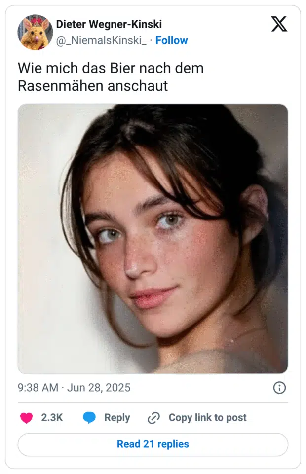 Wie mich das Bier nach dem Rasenmähen anschaut
