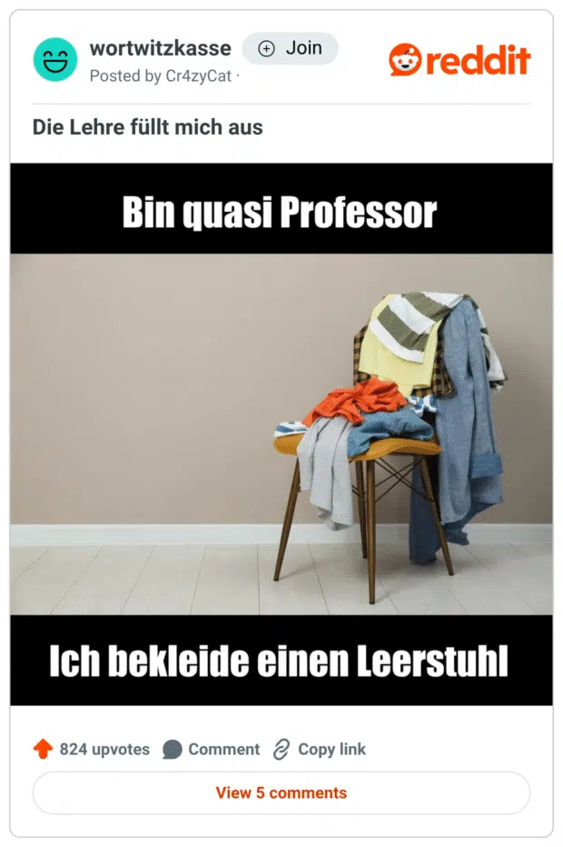 Ein Stuhl in einem minimalistischen Raum, der über und über mit Kleidung bedeckt ist. Darüber steht der Text „Bin quasi Professor“ und darunter „Ich bekleide einen Lehrstuhl“, was als Wortspiel auf „Lehrstuhl“ (Professorenstelle) und den wörtlich mit Klamotten belegten Stuhl anspielt.