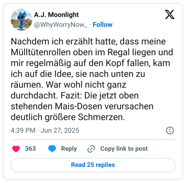 Nachdem ich erzählt hatte, dass meine Mülltütenrollen oben im Regal liegen und mir regelmäßig auf den Kopf fallen, kam ich auf die Idee, sie nach unten zu räumen. War wohl nicht ganz durchdacht. Fazit: Die jetzt oben stehenden Mais-Dosen verursachen deutlich größere Schmerzen.
