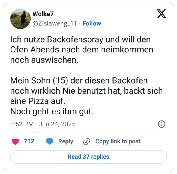 Ich nutze Backofenspray und will den Ofen Abends nach dem heimkommen noch auswischen. Mein Sohn (15) der diesen Backofen noch wirklich Nie benutzt hat, backt sich eine Pizza auf. Noch geht es ihm gut.