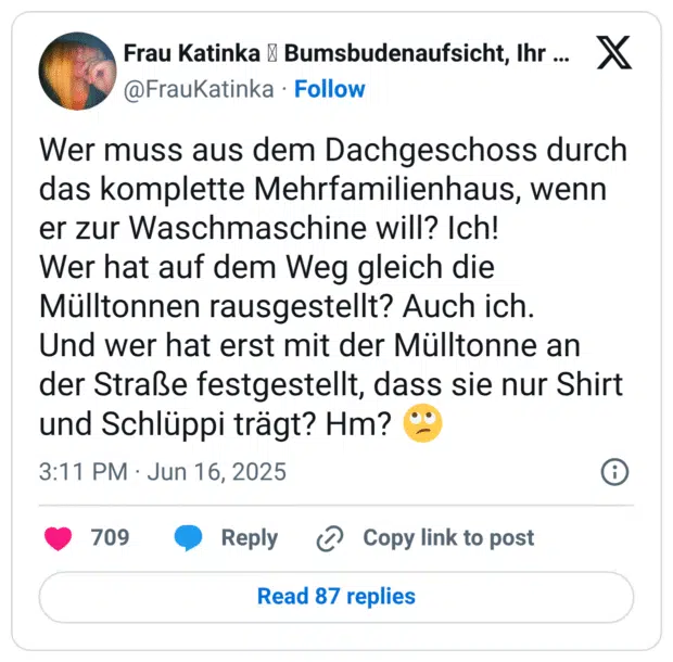 Wer muss aus dem Dachgeschoss durch das komplette Mehrfamilienhaus, wenn er zur Waschmaschine will? Ich! Wer hat auf dem Weg gleich die Mülltonnen rausgestellt? Auch ich. Und wer hat erst mit der Mülltonne an der Straße festgestellt, dass sie nur Shirt und Schlüppi trägt? Hm?