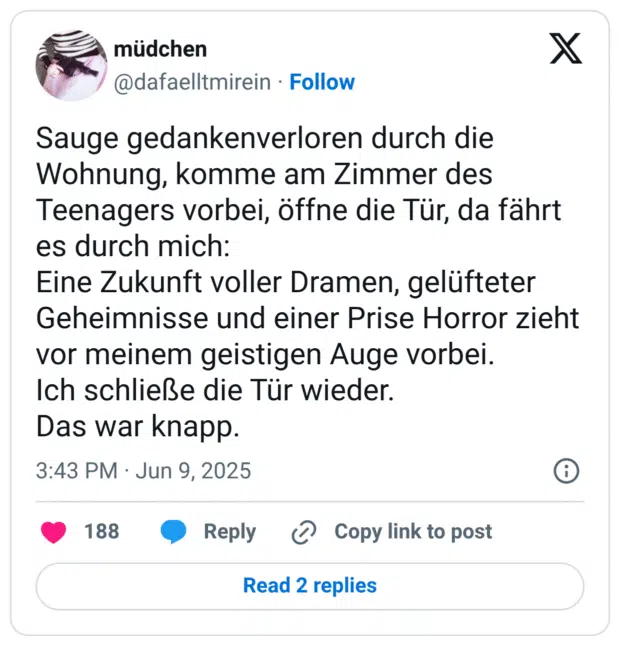 Sauge gedankenverloren durch die Wohnung, komme am Zimmer des Teenagers vorbei, öffne die Tür, da fährt es durch mich: Eine Zukunft voller Dramen, gelüfteter Geheimnisse und einer Prise Horror zieht vor meinem geistigen Auge vorbei. Ich schließe die Tür wieder. Das war knapp.