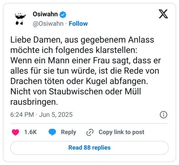 Liebe Damen, aus gegebenem Anlass möchte ich folgendes klarstellen: Wenn ein Mann einer Frau sagt, dass er alles für sie tun würde, ist die Rede von Drachen töten oder Kugel abfangen. Nicht von Staubwischen oder Müll rausbringen.