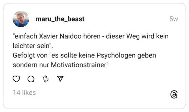 "einfach Xavier Naidoo hören - dieser Weg wird kein leichter sein". Gefolgt von "es sollte keine Psychologen geben sondern nur Motivationstrainer"