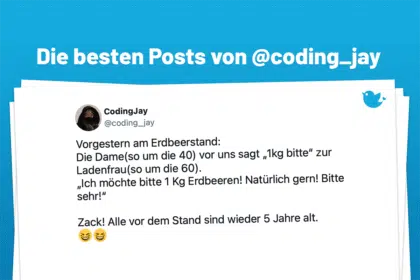 Vorgestern am Erdbeerstand: Die Dame(so um die 40) vor uns sagt „1kg bitte“ zur Ladenfrau(so um die 60). „Ich möchte bitte 1 Kg Erdbeeren! Natürlich gern! Bitte sehr!“ Zack! Alle vor dem Stand sind wieder 5 Jahre alt. 😆😆