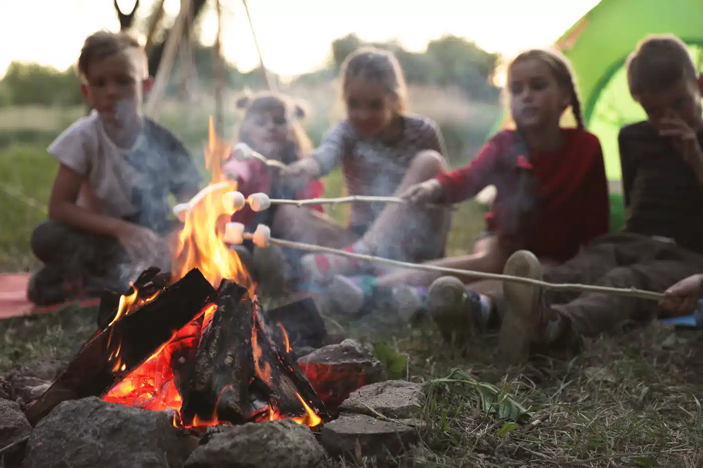 Pfadfinder rösten Marshmallows am Lagerfeuer beim Camping