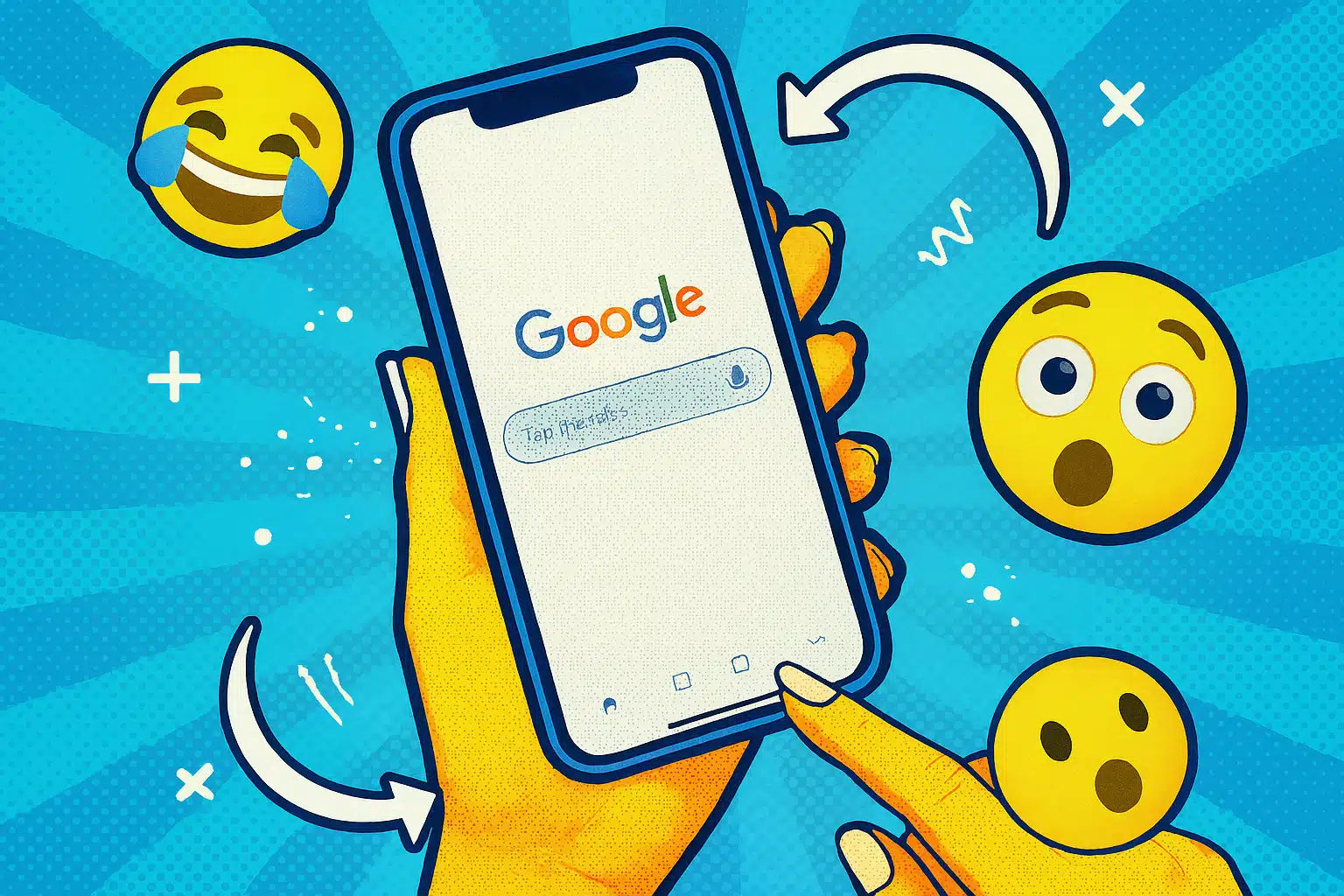 Eine comicartige Illustration zeigt eine Hand, die ein Smartphone mit geöffneter Google-Suchseite hält. Um das Handy herum fliegen große 3D-Emojis mit überraschten und lachenden Gesichtsausdrücken sowie dynamische Pfeile und grafische Elemente vor einem türkisfarbenen, radial verlaufenden Hintergrund.
