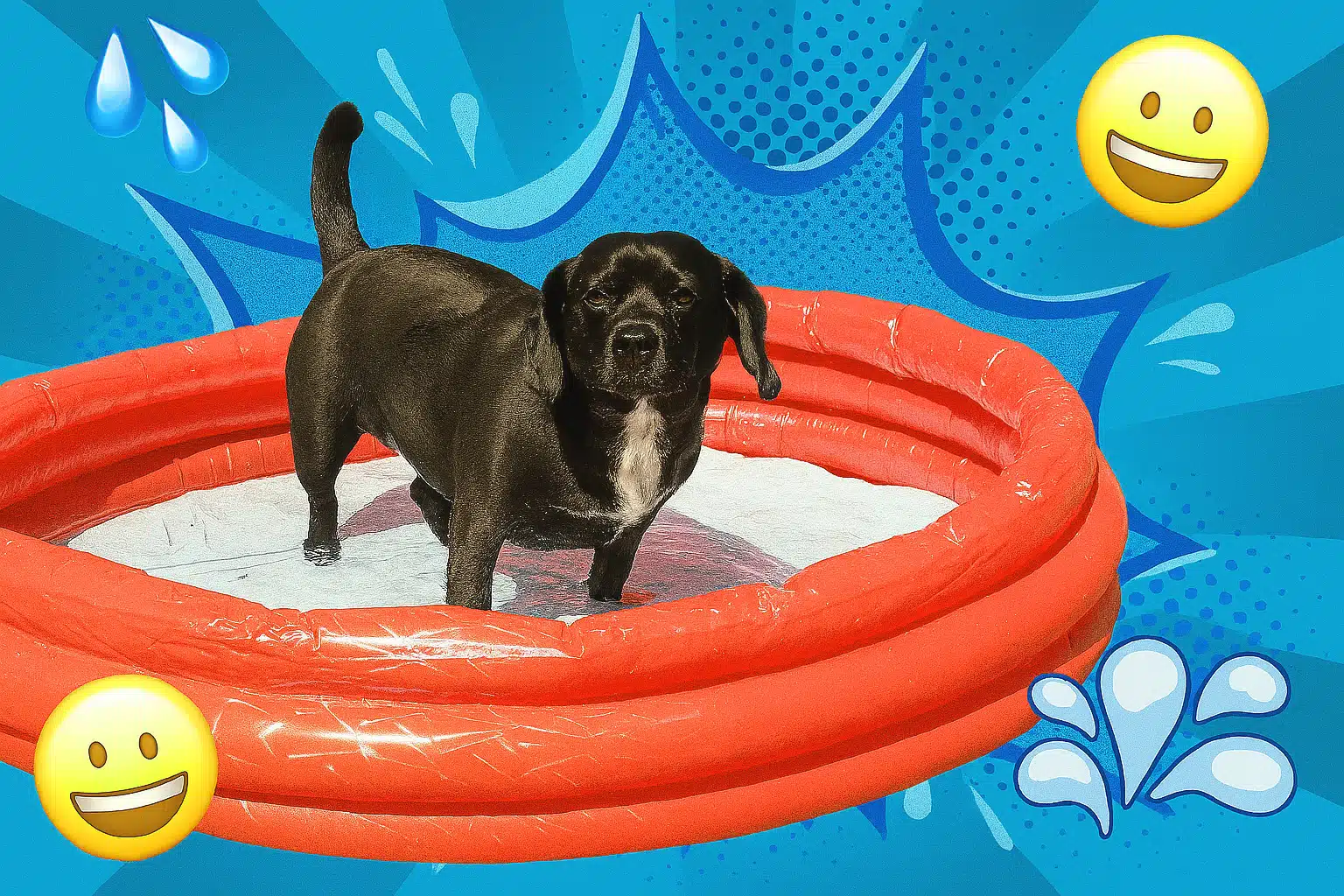 Ein schwarzer Hund steht in einem knallroten Planschbecken und blickt in die Kamera, umgeben von Comic-Grafiken, Wasser-Emojis und einem blauen Pop-Art-Hintergrund – eine sommerliche Collage mit Spaßgarantie.