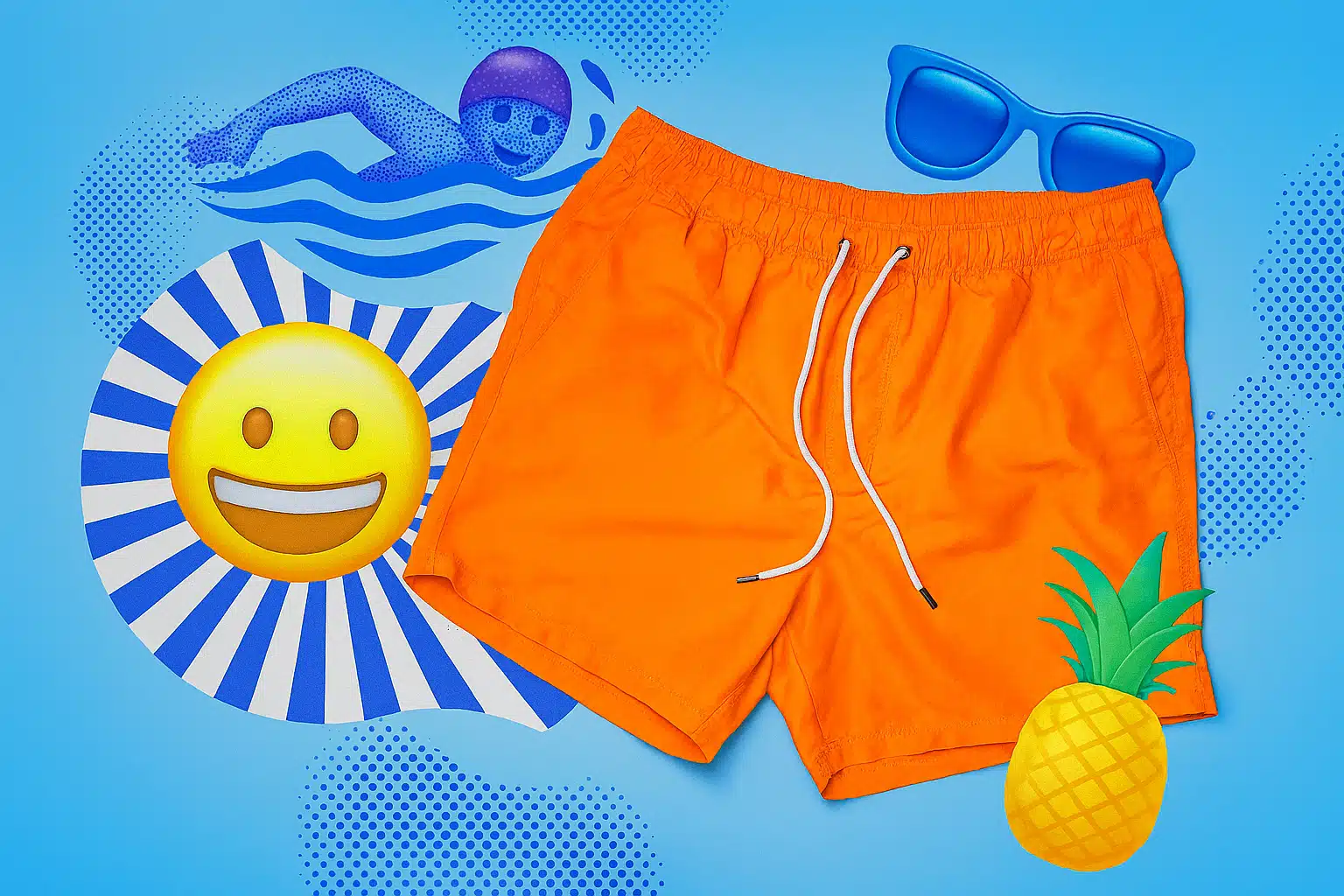 Ein Paar leuchtend orangefarbene Badeshorts liegt auf einem poppigen, collageartigen Sommerhintergrund mit Sonnenbrillen, Schwimmer-Illustration, Ananas und lachendem Emoji – perfekter Retro-Vibe für heiße Tage am Wasser.