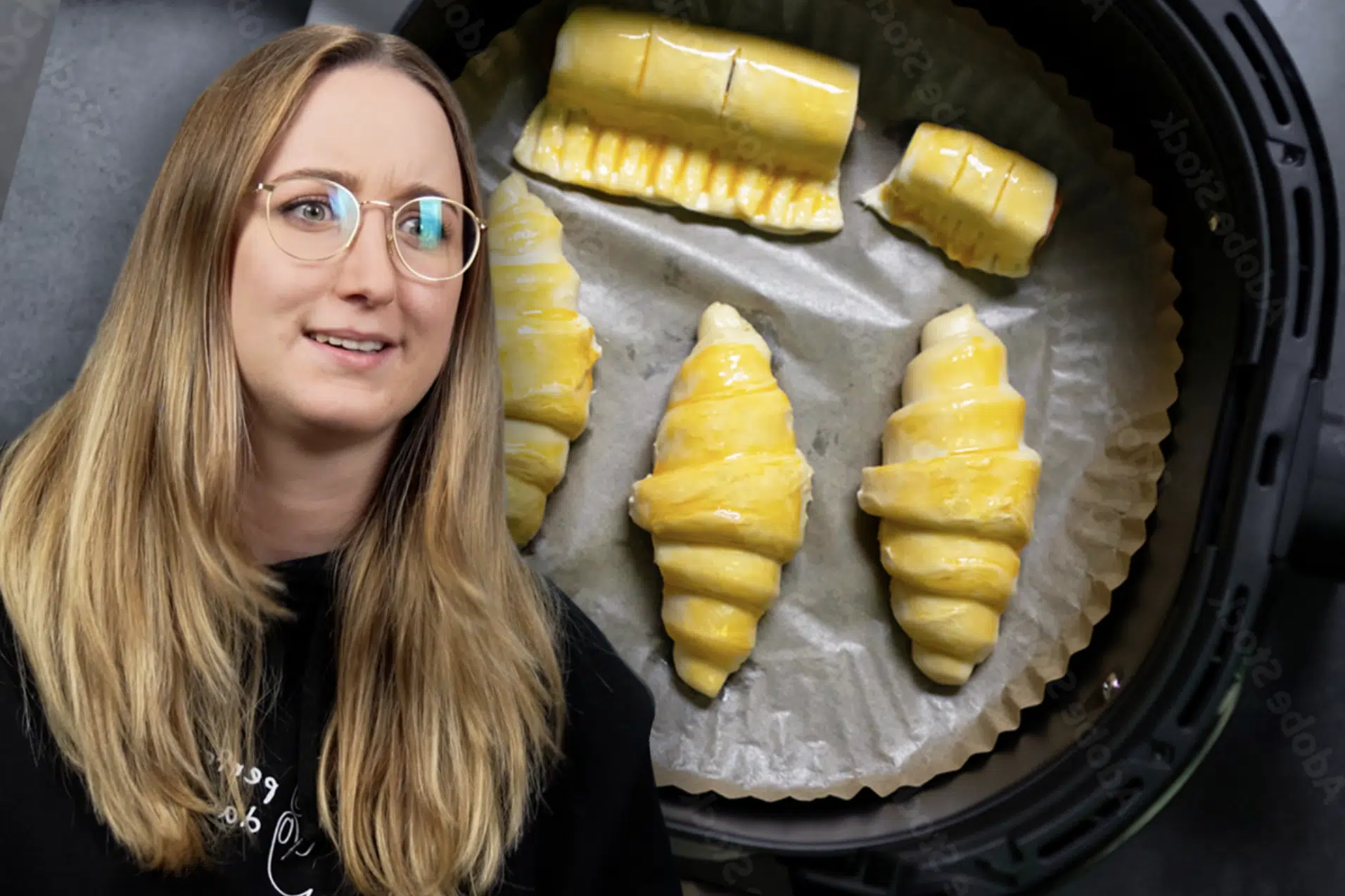 Frau mit skeptischem Blick vor einem Airfryer, in dem ungebackene Teigstücke auf Backpapier liegen – ironischer Küchenmoment zwischen Food-Hack und Fehlversuch.