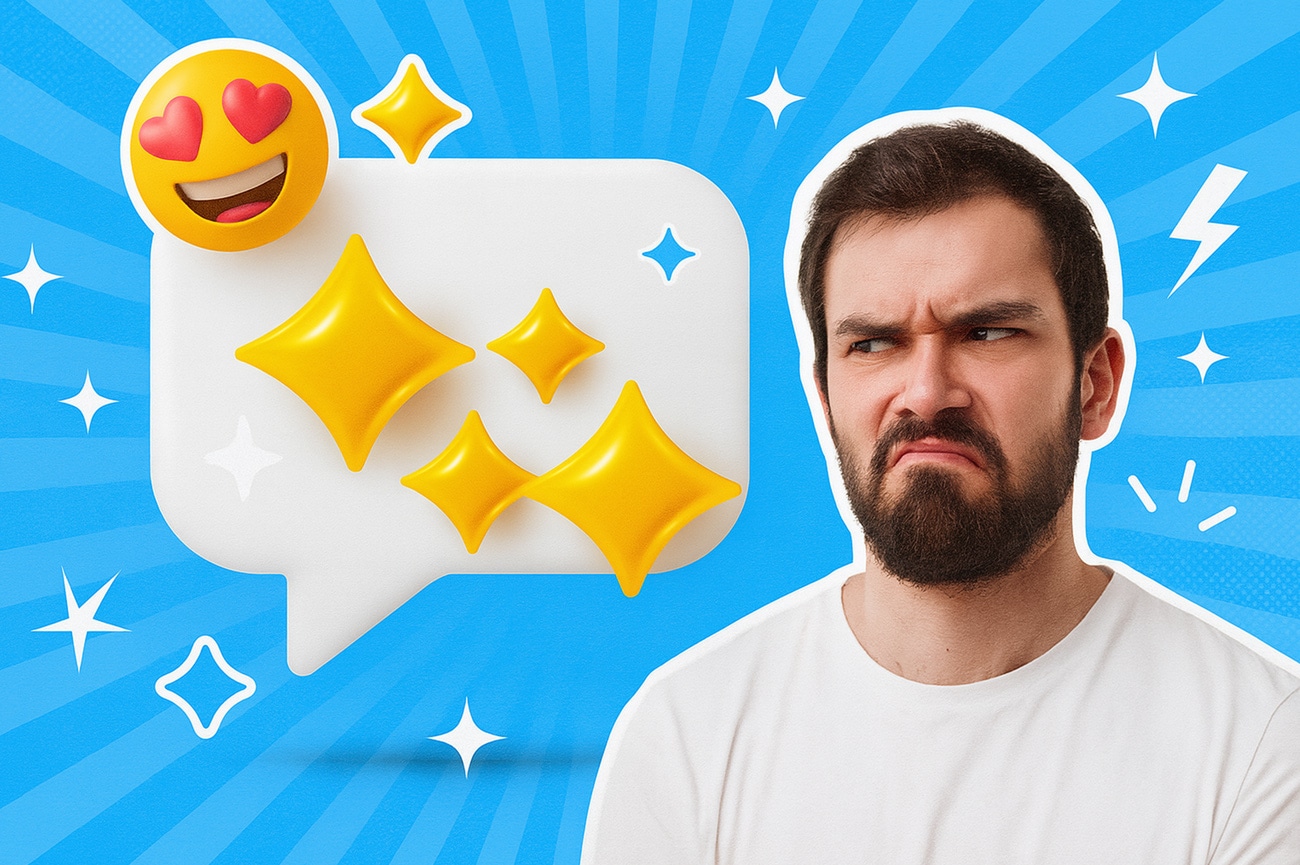 Ein Mann mit skeptischem Blick steht vor einem hellblauen Hintergrund mit radialem Muster. Neben ihm schwebt eine große Sprechblase mit glänzenden gelben Stern-Emojis. Umgeben ist die Szene von weißen Pop-Art-Sternen, einem lachenden Emoji mit Herzaugen und einem kleinen Blitzsymbol – als würden übertriebene Kundenbewertungen visuell übertrieben gefeiert.