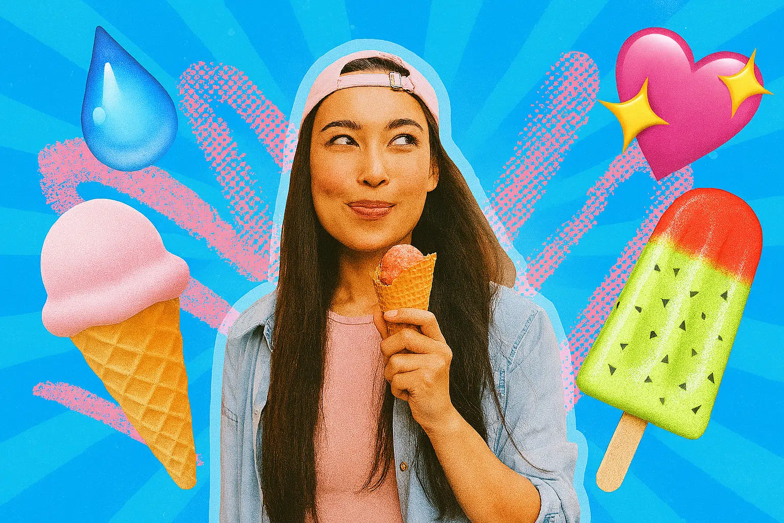 Junge Frau mit Eiswaffel in der Hand vor knallbuntem, grafisch gestaltetem Hintergrund mit Eis-Illustrationen und Emojis – Symbolbild für Sommer und Spaß am Eisessen