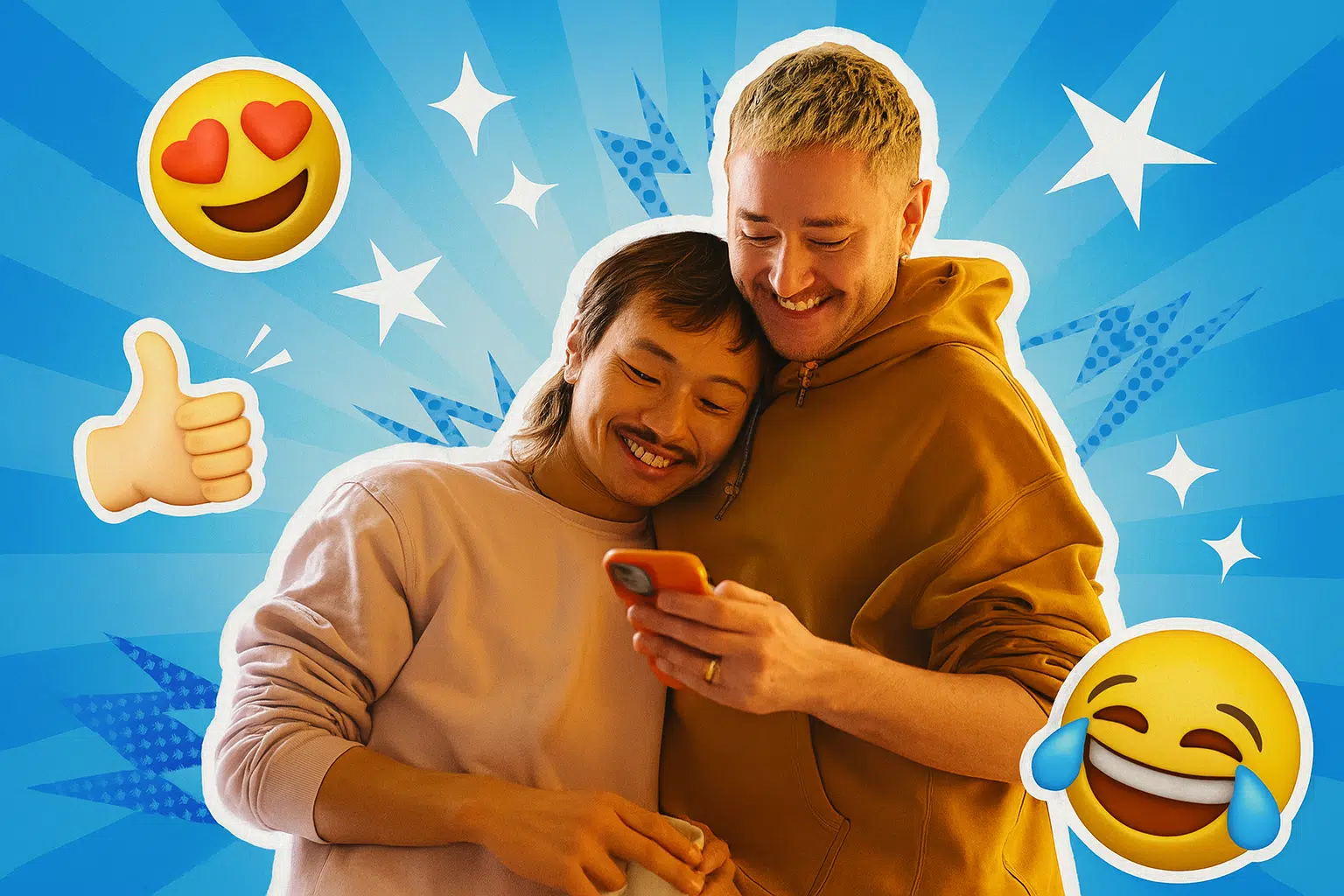 Zwei lächelnde Menschen in gemütlicher Kleidung stehen eng umschlungen in einer Küche und schauen gemeinsam auf ein Smartphone. Um sie herum leuchtet ein surrealer, poppiger Hintergrund in Blautönen mit weißen Sternen, Retro-Strahlen und 3D-Emojis wie 😍, 👍 und 😂. Die Szene wirkt wie ein kitschiger Liebesmoment, der von einem Cartoon-Regisseur inszeniert wurde.