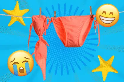 Bikini auf Wäscheleine mit Comic-Emojis – Symbolbild für Sommer, Urlaub und Badespaß