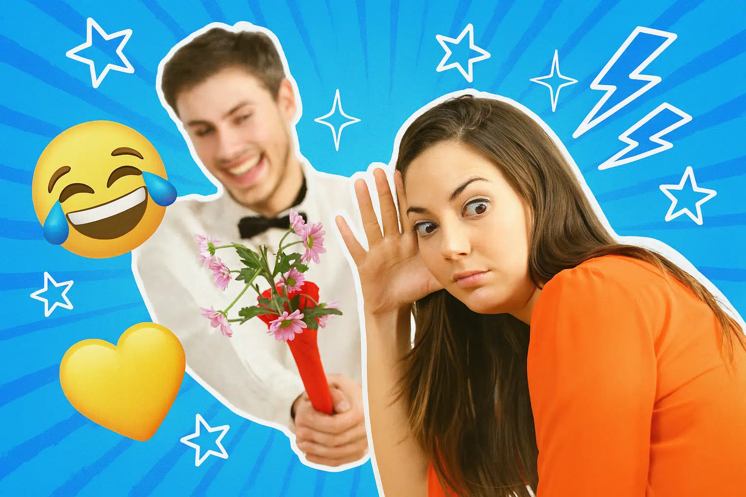 Eine surreal-humorvolle Collage zeigt ein Date im Café: Ein Mann in Hemd und Fliege hält begeistert einen Strauß Blumen, während die Frau daneben mit weit aufgerissenen Augen und genervtem Blick weghört. Umrahmt ist die Szene von einem blau strahlenden Hintergrund mit weißen Sternen, Blitzen und großen Emojis – darunter ein lachendes Gesicht mit Freudentränen und ein gelbes Herz. Die Bildsprache erinnert an einen schrägen Cartoonmoment mitten in einem gescheiterten Liebesfilm.