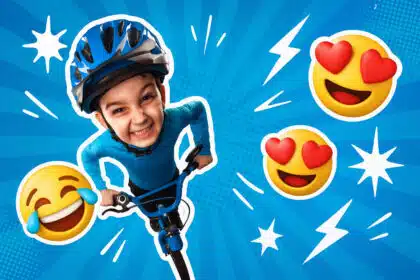 Fröhliches Kind mit Fahrradhelm fährt lachend auf dem Fahrrad – Comic-Design mit Emojis und blauer Pop-Art-Grafik