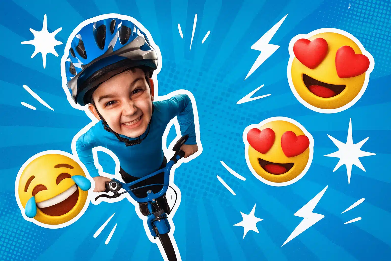 Fröhliches Kind mit Fahrradhelm fährt lachend auf dem Fahrrad – Comic-Design mit Emojis und blauer Pop-Art-Grafik