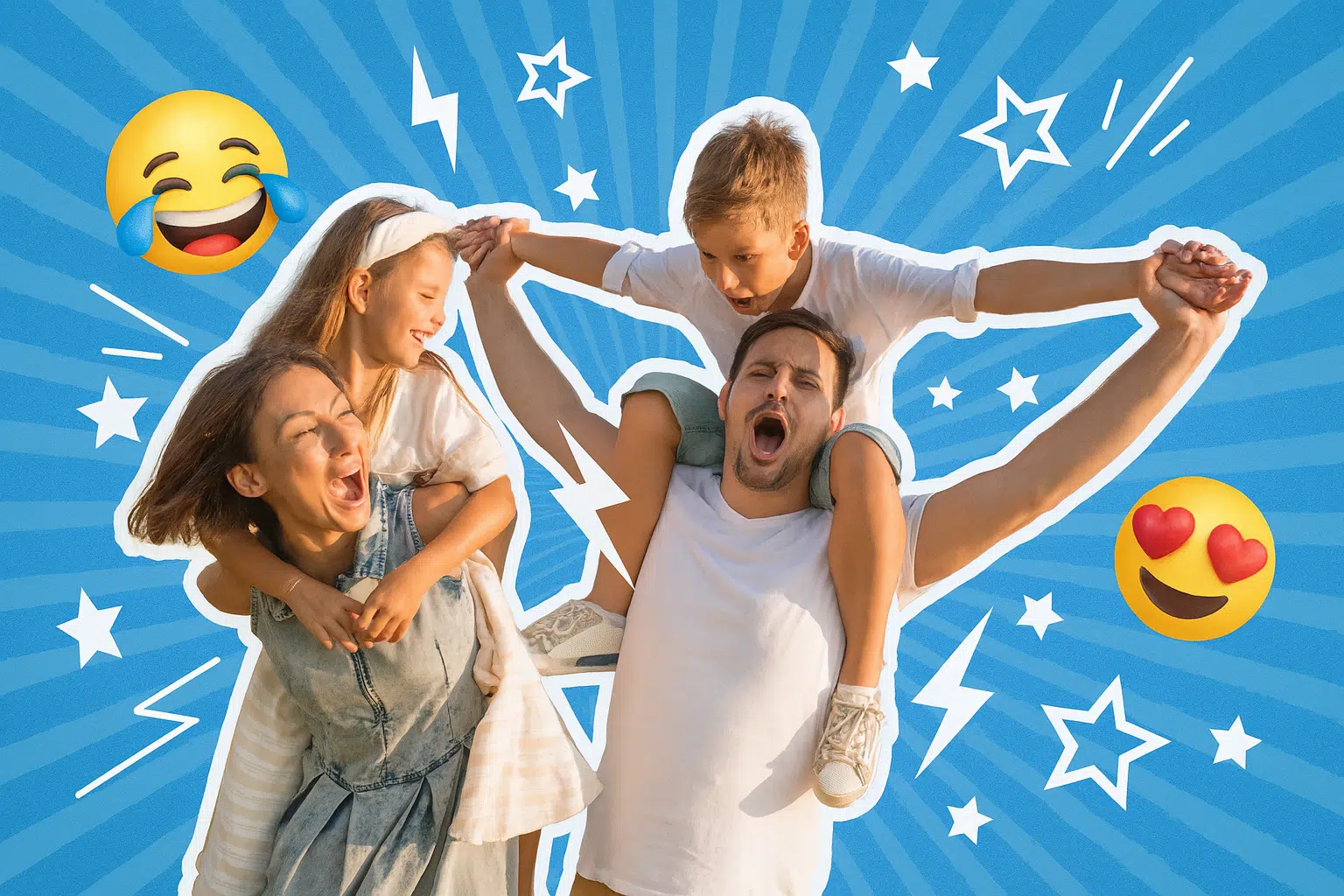 Eine fröhliche Familie steht im Mittelpunkt eines farbintensiven Collagenbilds. Der Vater trägt seinen Sohn auf den Schultern, die Mutter ihre Tochter auf dem Rücken. Alle lachen ausgelassen. Der Hintergrund ist ein blauer, radialer Farbverlauf mit weißen Pop-Art-Sternen, Blitzen und Emoji-Gesichtern – darunter ein lachendes Gesicht mit Tränen 😂 und ein Gesicht mit Herzaugen 😍. Die Szene wirkt verspielt und überdreht wie ein Comicbuch über einen chaotischen Familienausflug.