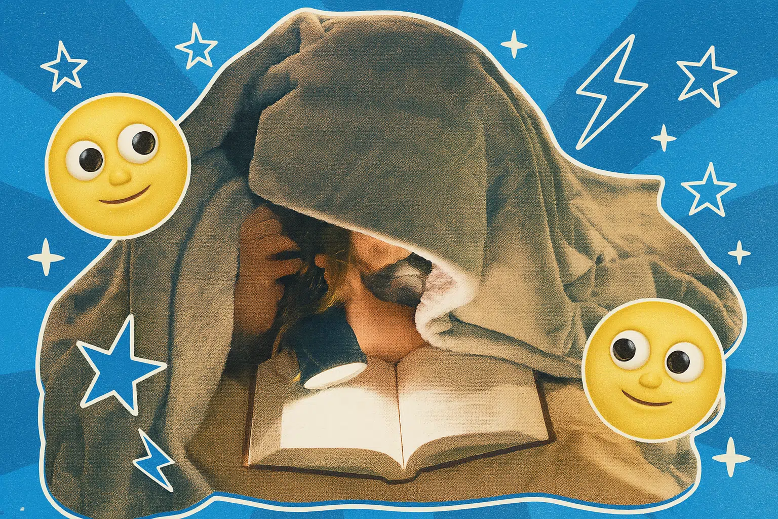 Alt-Text: Ein Kind liegt unter einer grauen Kuscheldecke und liest heimlich mit einer Taschenlampe ein Buch. Die Szene ist pop-artig illustriert, mit weiß umrandetem Cutout-Stil. Im Hintergrund ein blauer radialer Verlauf mit weißen Sternen, Blitzen und zwei freundlich schauenden gelben Emoji-Gesichtern, die den nächtlichen Entdeckergeist humorvoll betonen.