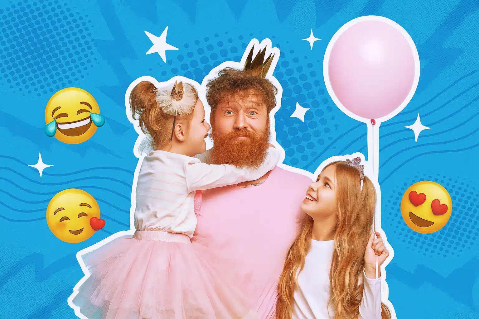Ein bärtiger Vater mit goldener Papierkrone steht zwischen seinen zwei Töchtern vor einem poppigen, collageartigen Hintergrund in Blau mit Halftone-Mustern, Sternen, Wellenlinien und 3D-Emojis. Die eine Tochter trägt ein rosa Tutu und umarmt ihn lachend, die andere hält einen rosa Ballon und schaut ihn liebevoll an. Die Szene wirkt verspielt, fröhlich und herzlich.