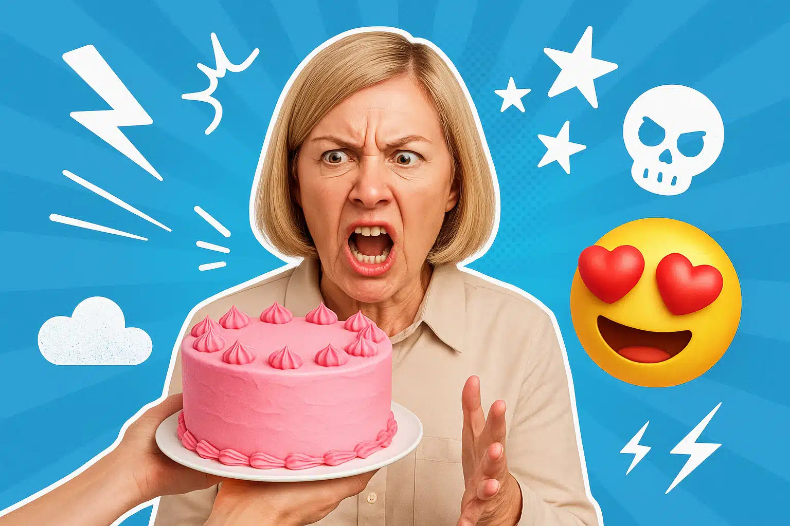 Eine wütende Frau mittleren Alters mit blonden Haaren schreit eine rosa Torte an, die ihr von einer anderen Person gereicht wird. Der Hintergrund ist ein radialer Farbverlauf in Blau mit weißen Pop-Art-Elementen wie Sternen, Blitzen, einem Totenkopf und einem Herzchen-Augen-Emoji. Die Szene wirkt übertrieben und humorvoll dramatisch.