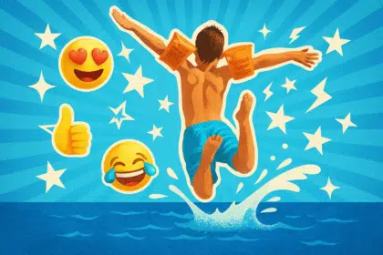 Ein Junge mit orangefarbenen Schwimmflügeln und blauer Badehose springt mit ausgebreiteten Armen und Beinen rücklings in einen Pool. Um ihn herum sind fröhliche 3D-Emojis, weiße Pop-Art-Sterne und Blitze auf einem leuchtend blauen, strahlenförmigen Hintergrund. Wasser spritzt dynamisch nach oben, während der Sprungmoment eingefroren ist. Die Szene wirkt wie ein lebendiger Sommerspaß-Cartoon.
