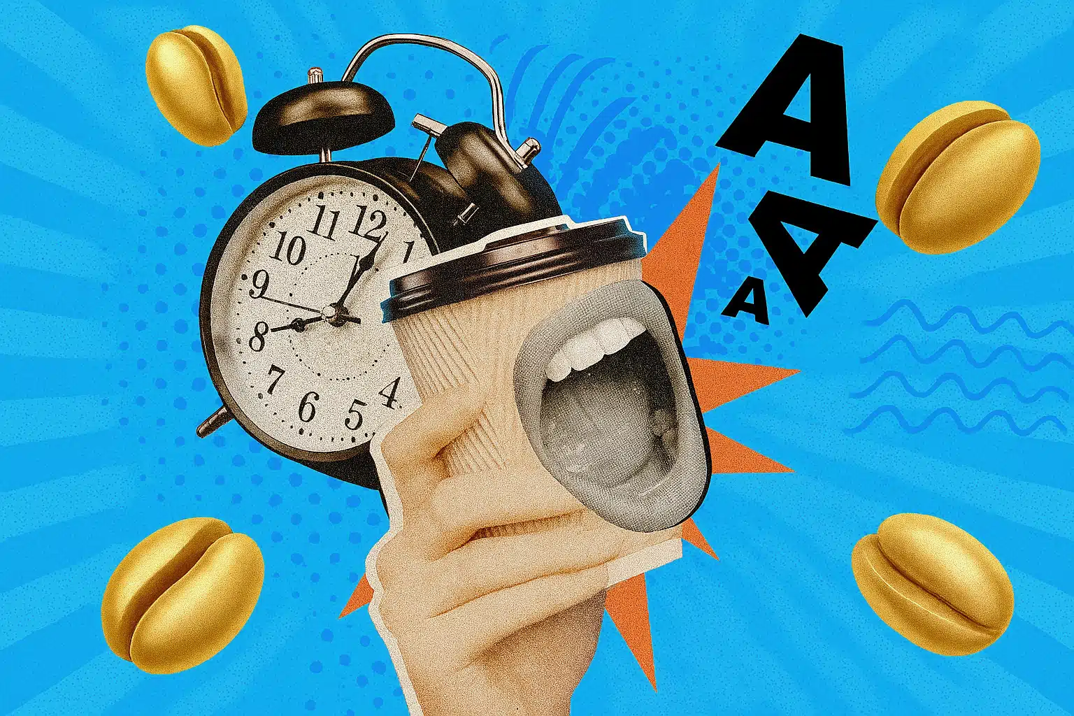 Surreale Collage mit Wecker, schreiendem Kaffeebecher und fliegenden Kaffeebohnen – visuelle Metapher fürs Verschlafen und hektische Morgenroutine